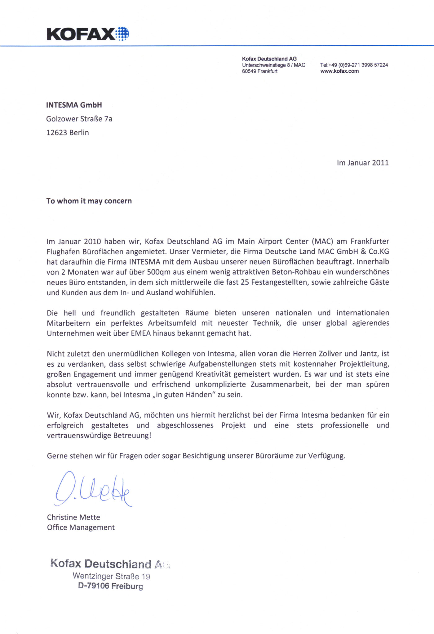 Die Abbildung zeigt ein Dankschreiben der Kofax Deutschland AG.